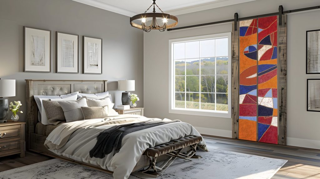 Helles Schlafzimmer mit Kunstwerk